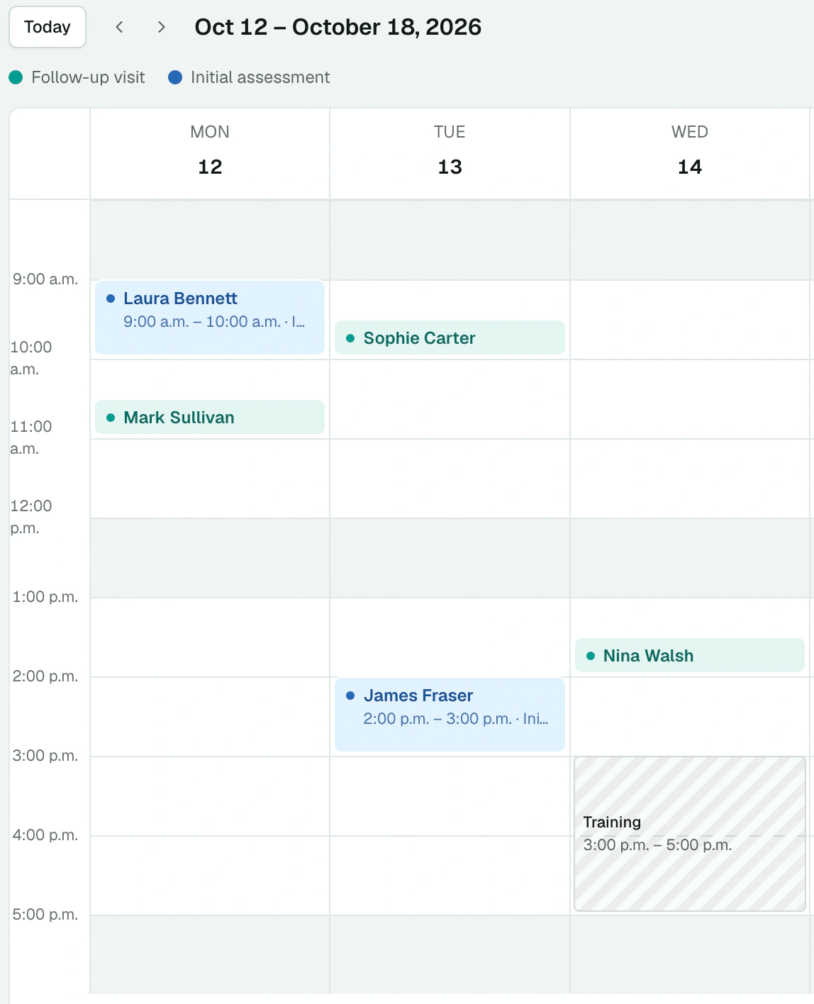 Agenda in Week view, appointments coloured by service and blocked time