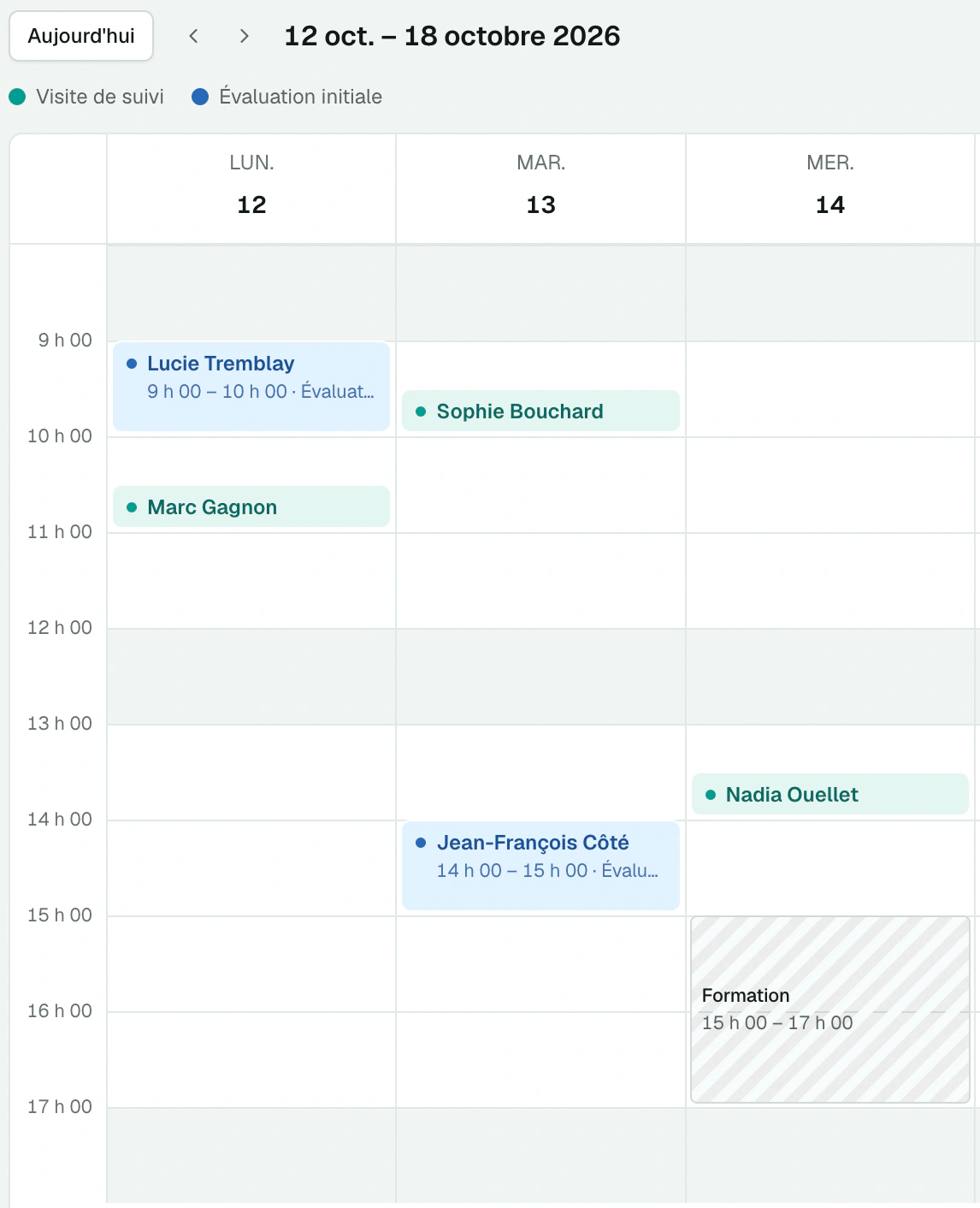 Agenda en vue Semaine, rendez-vous colorés par service et temps bloqué