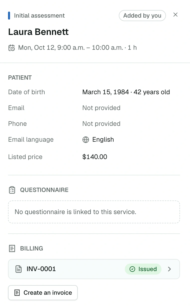 Appointment details with its issued invoice