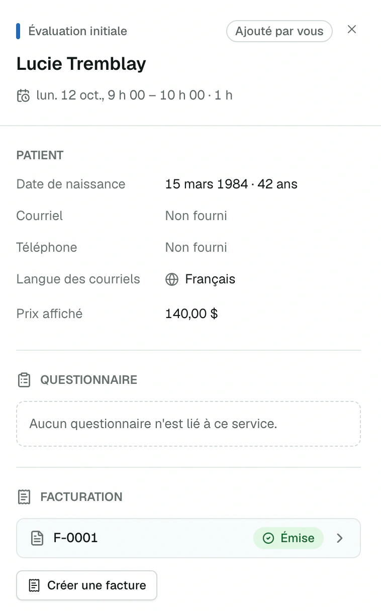 Fiche d'un rendez-vous avec sa facture émise