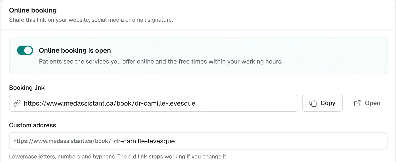 Online booking card with the link to share