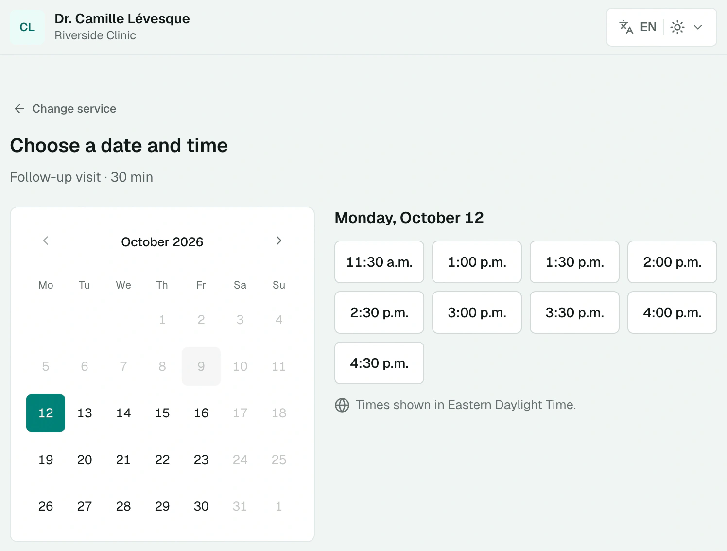 Booking page as the patient sees it: date and open times