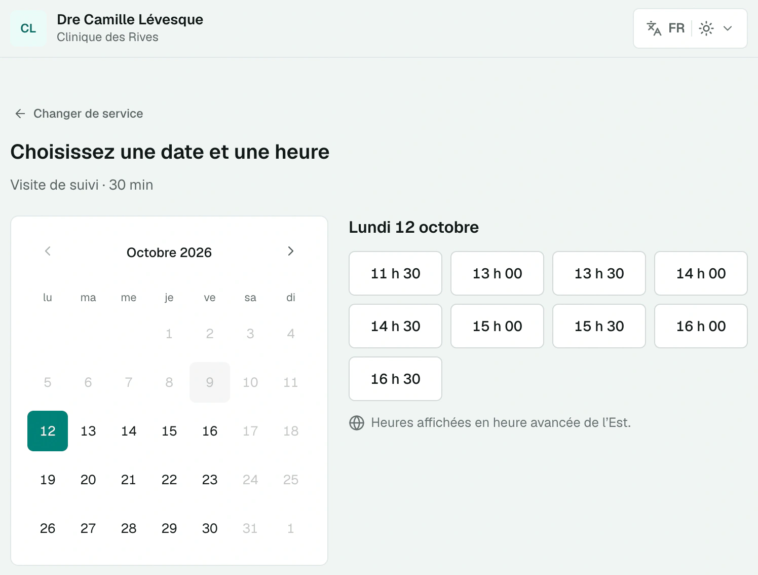 Page de réservation vue par le patient : date et heures libres