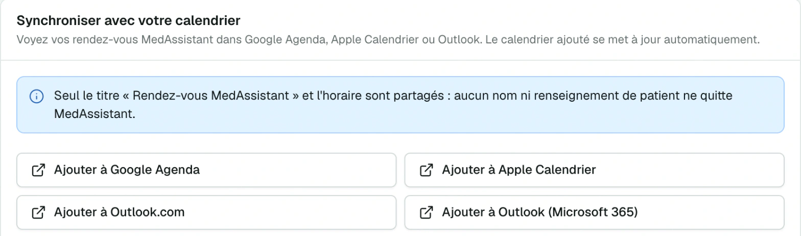 Aucune donnée de patient ne quitte MedAssistant Carte Synchroniser avec votre calendrier