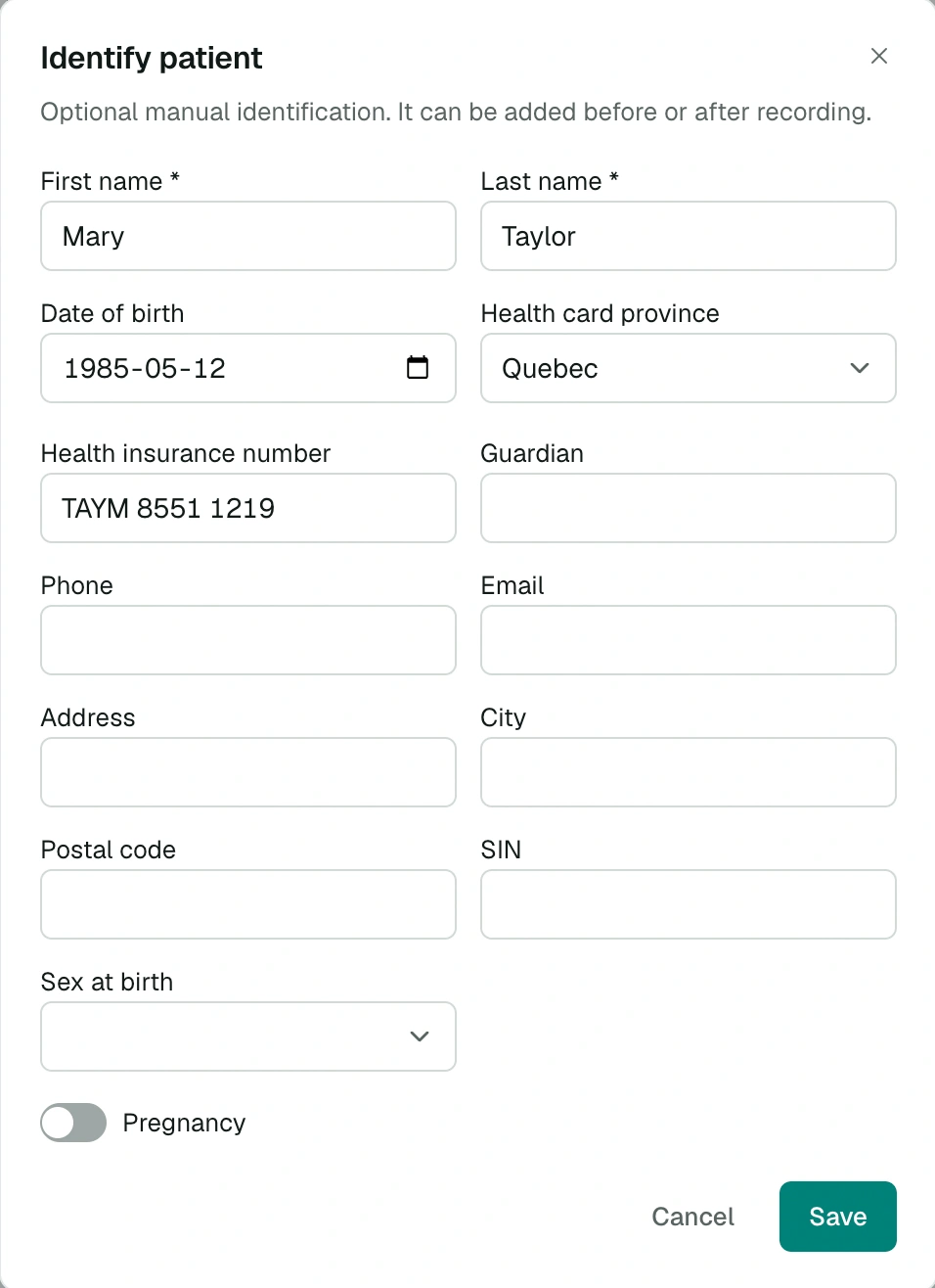 Only first and last name are required Identify patient window with a Quebec health card number