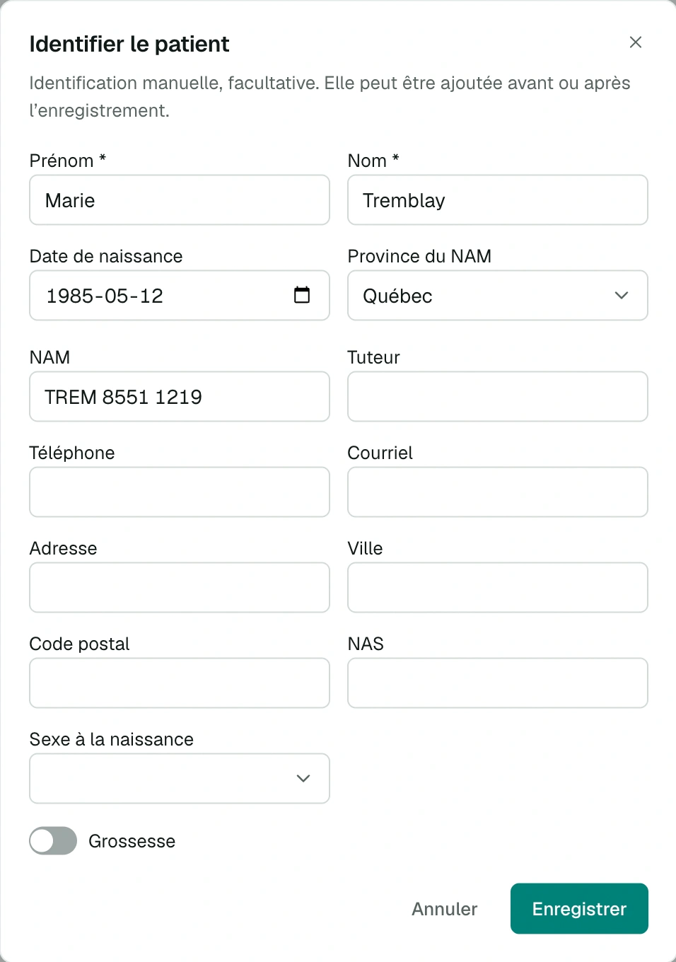 Seuls le prénom et le nom sont obligatoires Fenêtre Identifier le patient avec un NAM du Québec