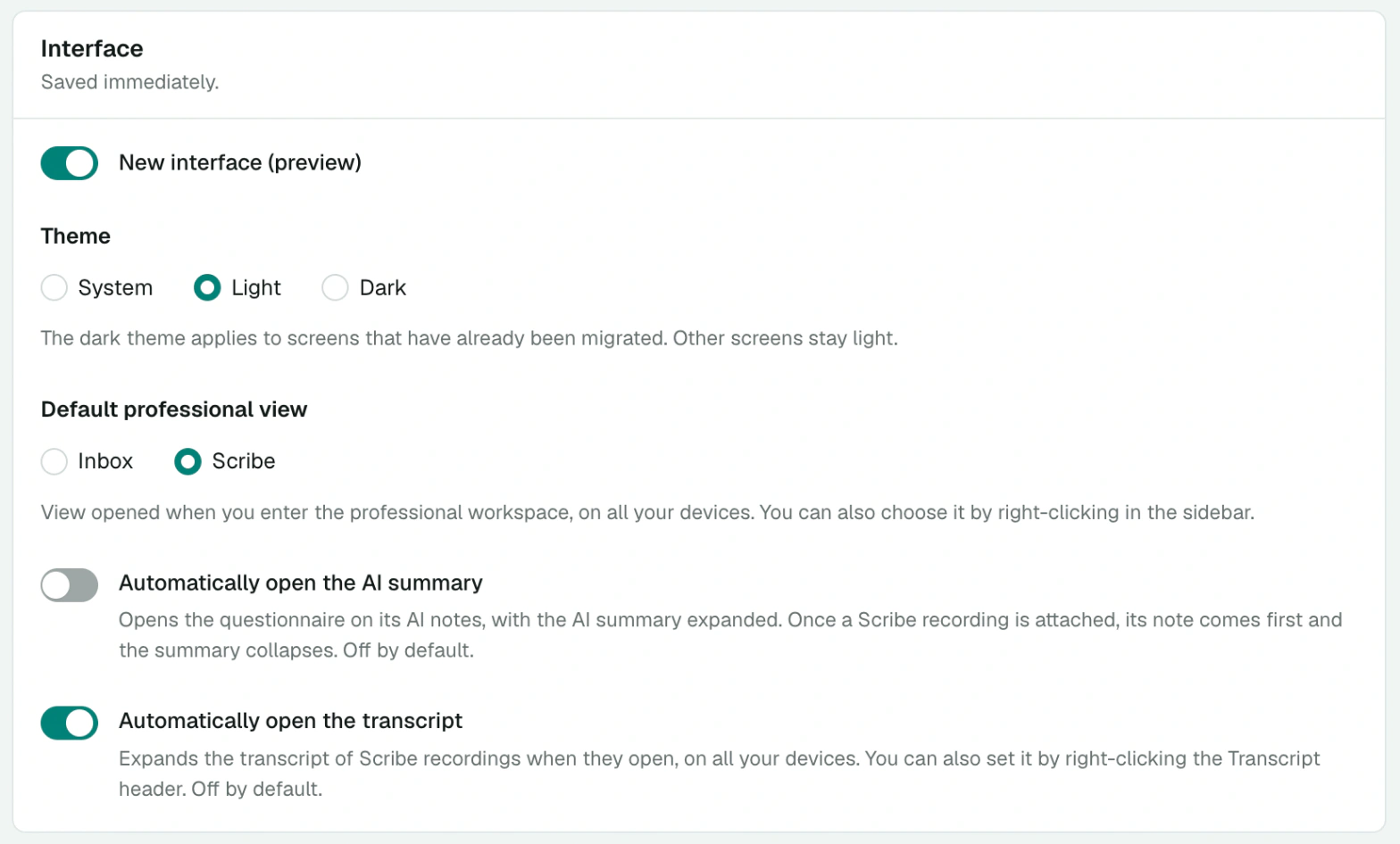 Interface card in the preferences