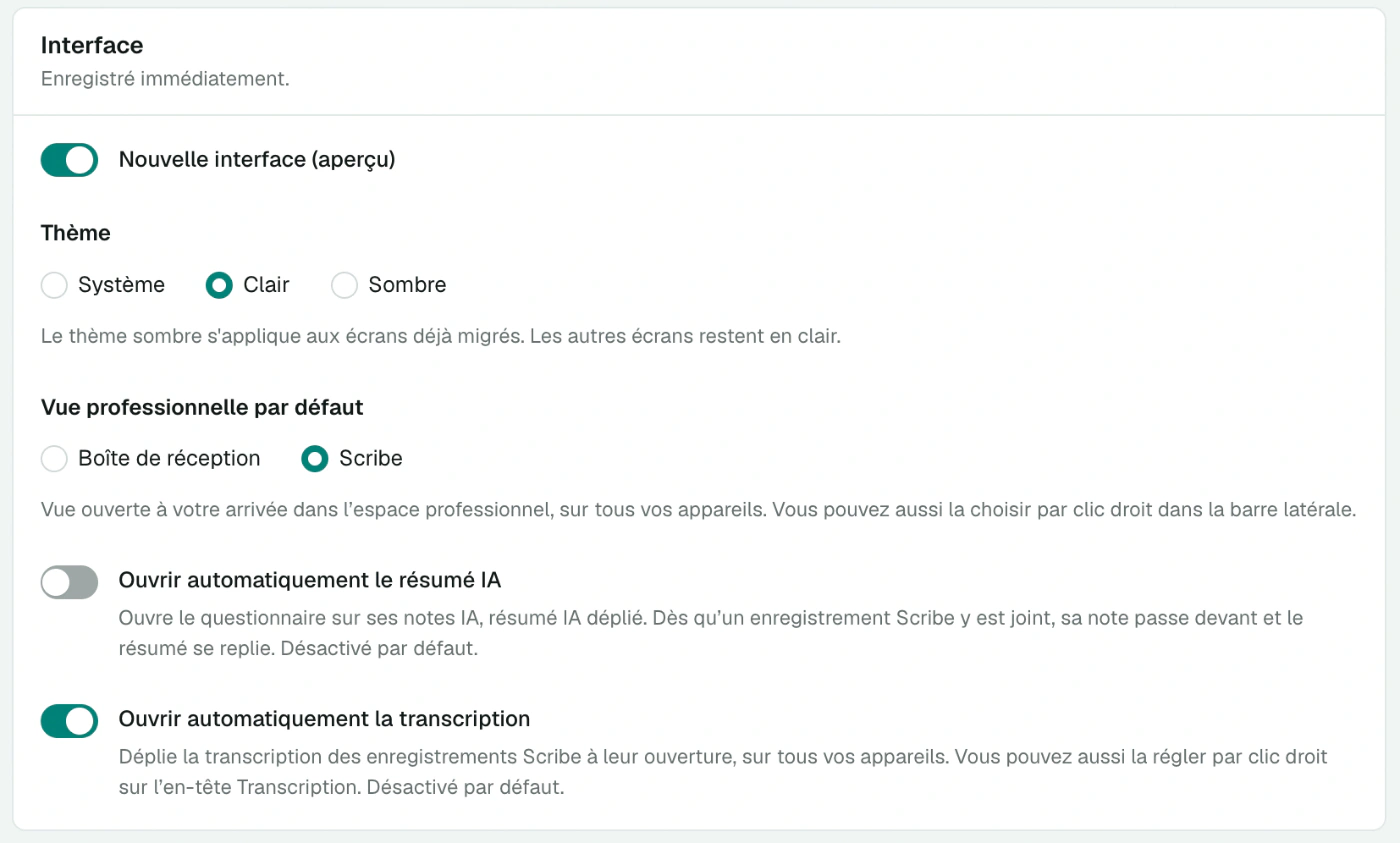 Carte Interface des préférences