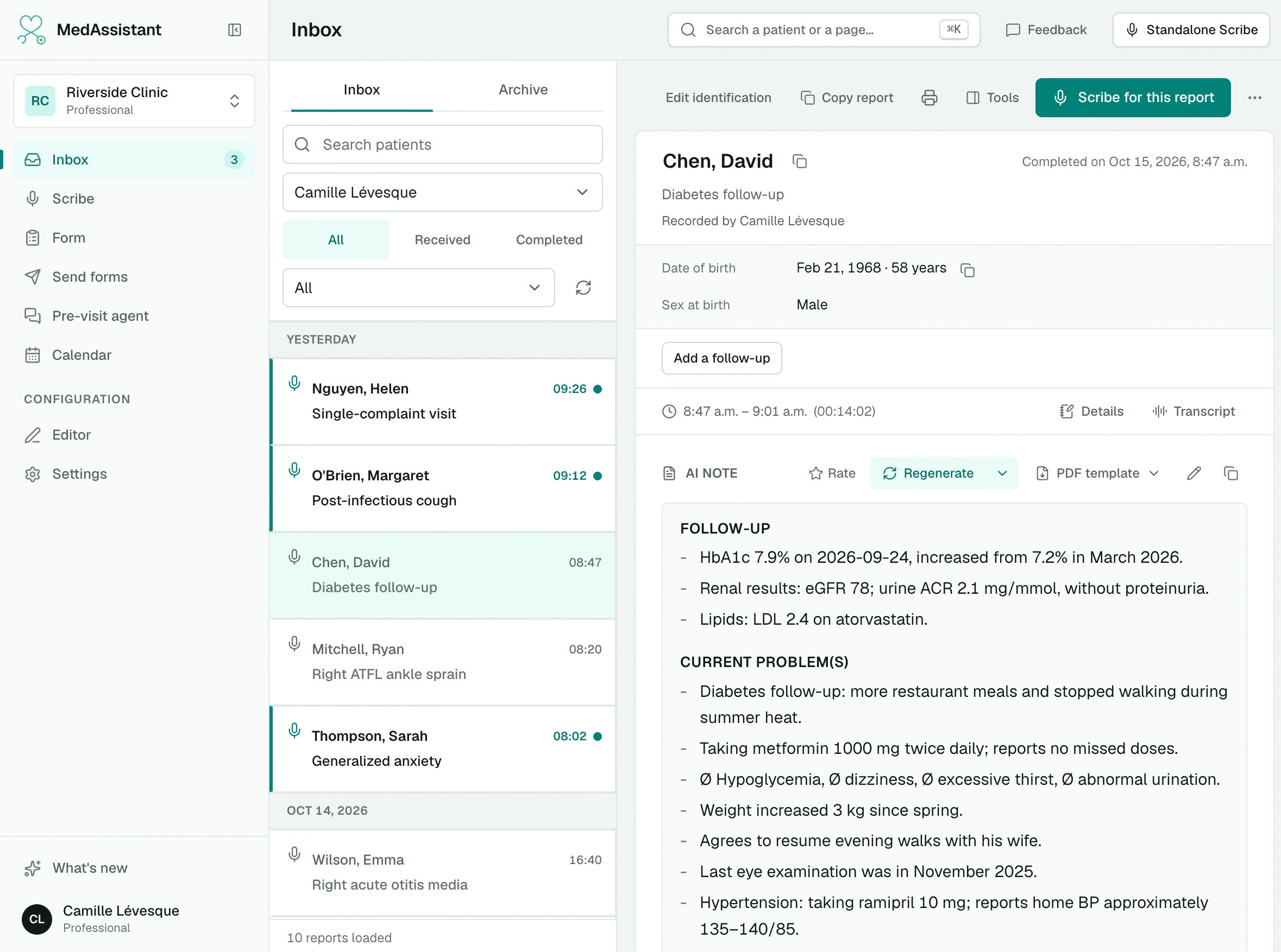 Professional view: sidebar, inbox and an open Scribe report