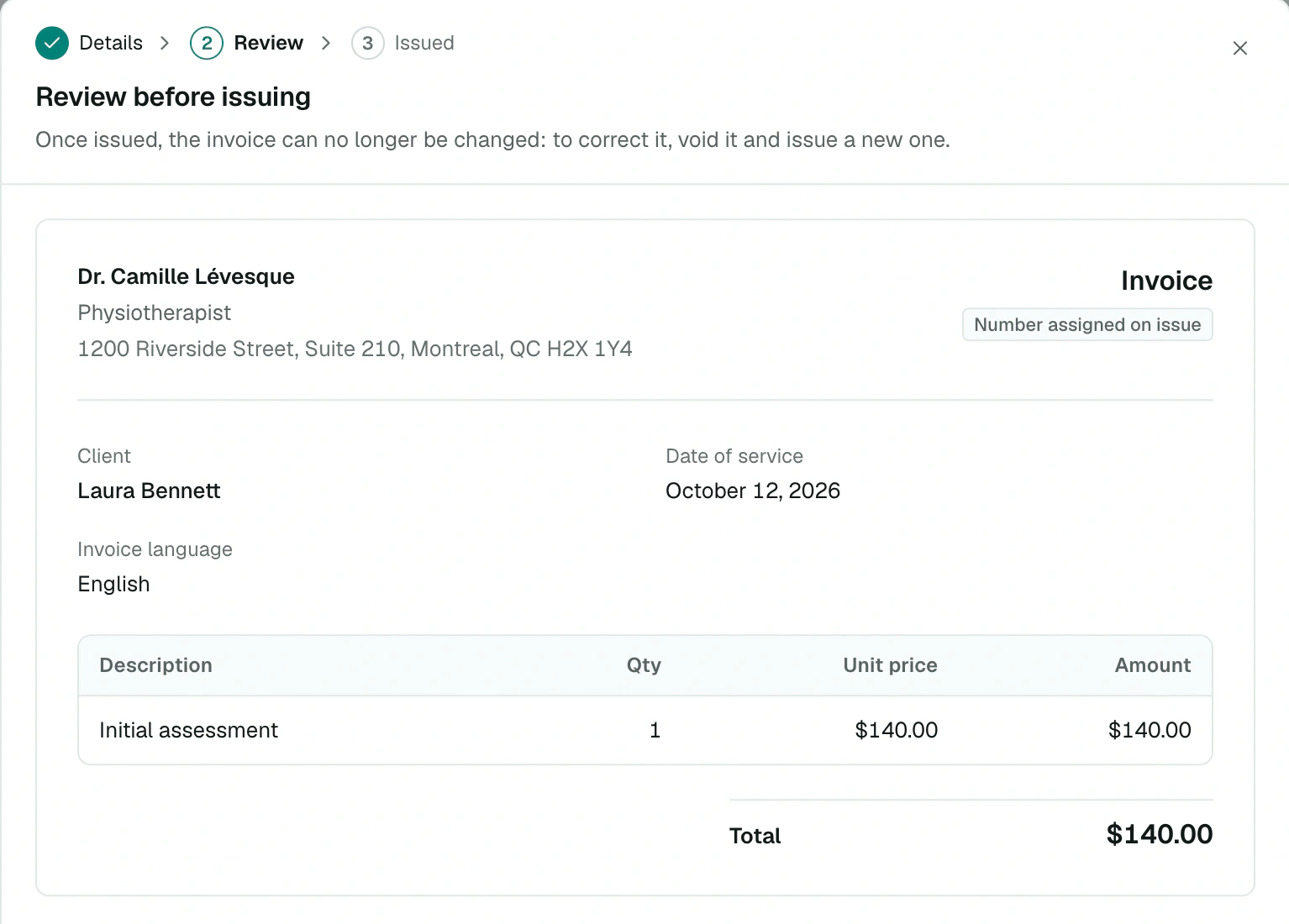 Invoice at the Review before issuing step