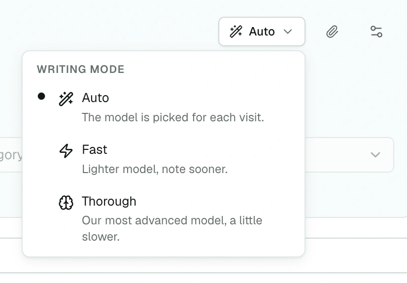 The mode button, to the right of the timer Scribe Writing mode menu, with Auto, Fast and Thorough
