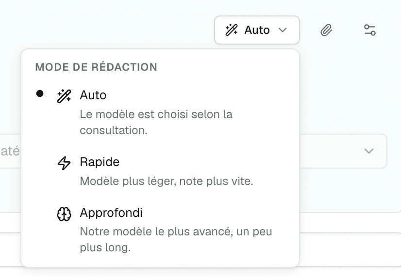 Menu Mode de rédaction du Scribe, avec Auto, Rapide et Approfondi