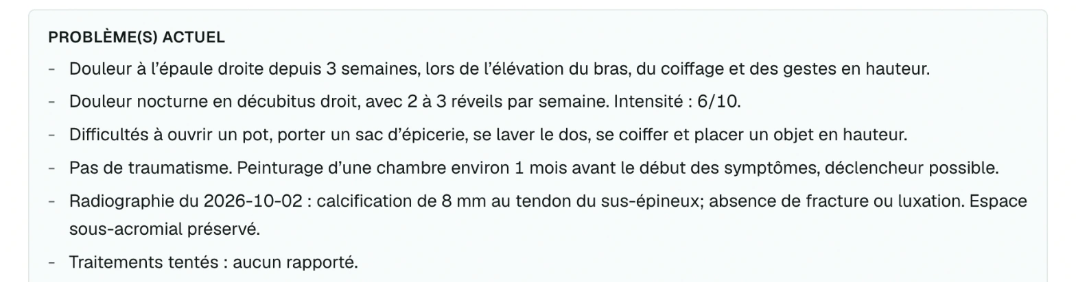 La note reprend la radiographie jointe et la douleur notée sur le questionnaire papier Note qui reprend la radiographie et la douleur notée sur le questionnaire papier
