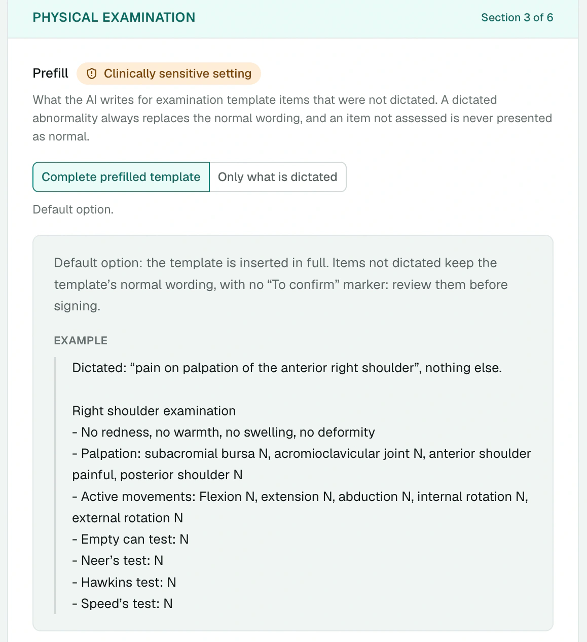 Prefill setting of the Physical examination section