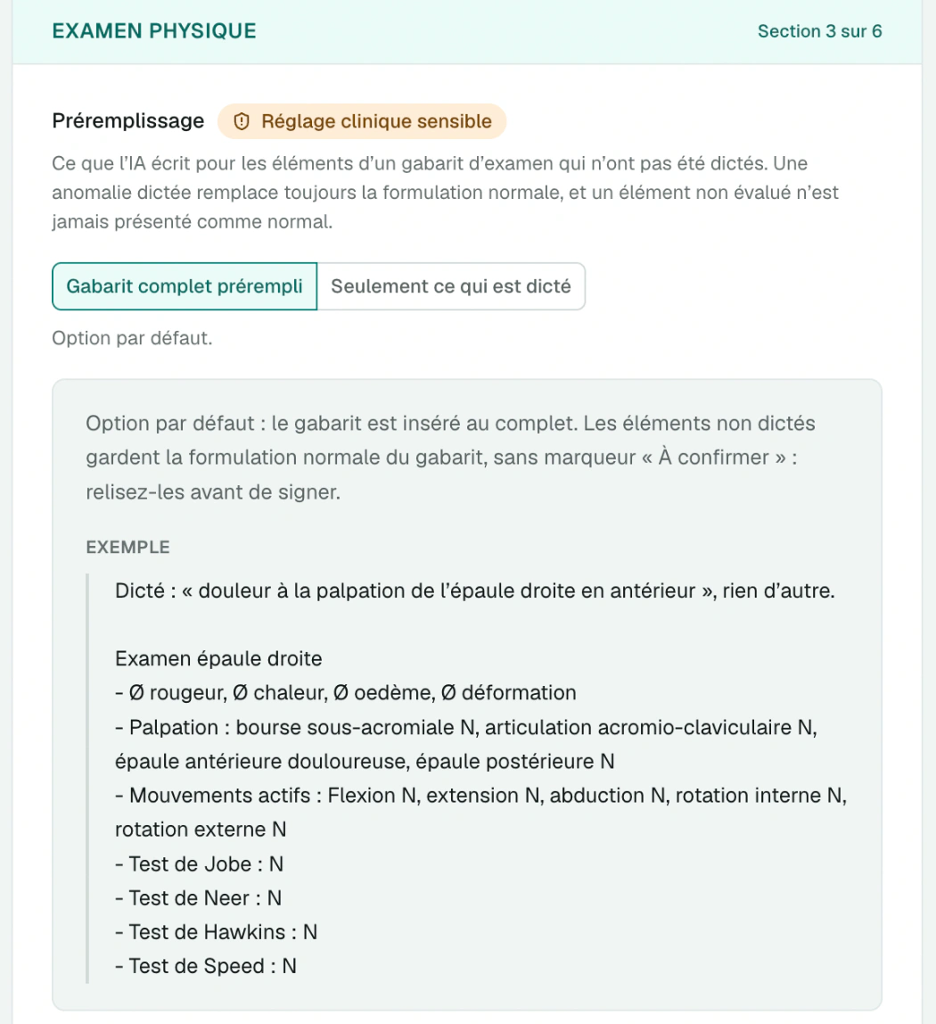 Réglage Préremplissage de la section Examen physique
