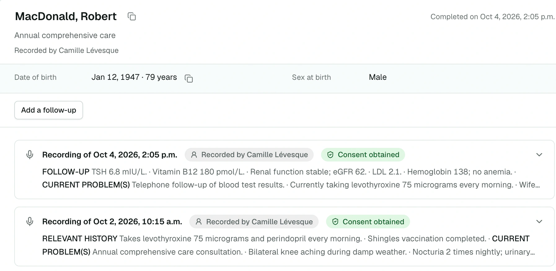 Inbox and report with an initial visit and its follow-up
