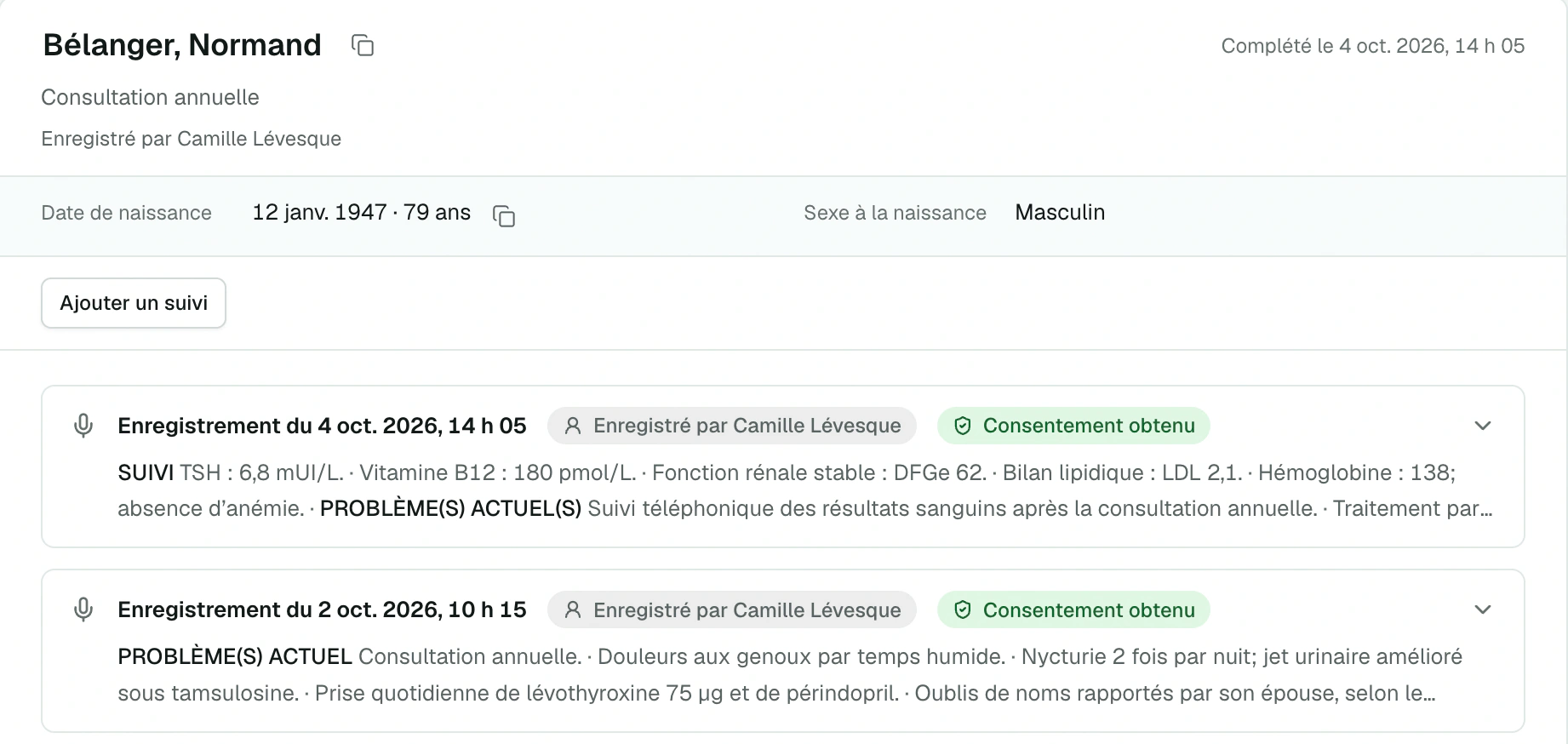 Boîte de réception et rapport avec une consultation initiale et son suivi