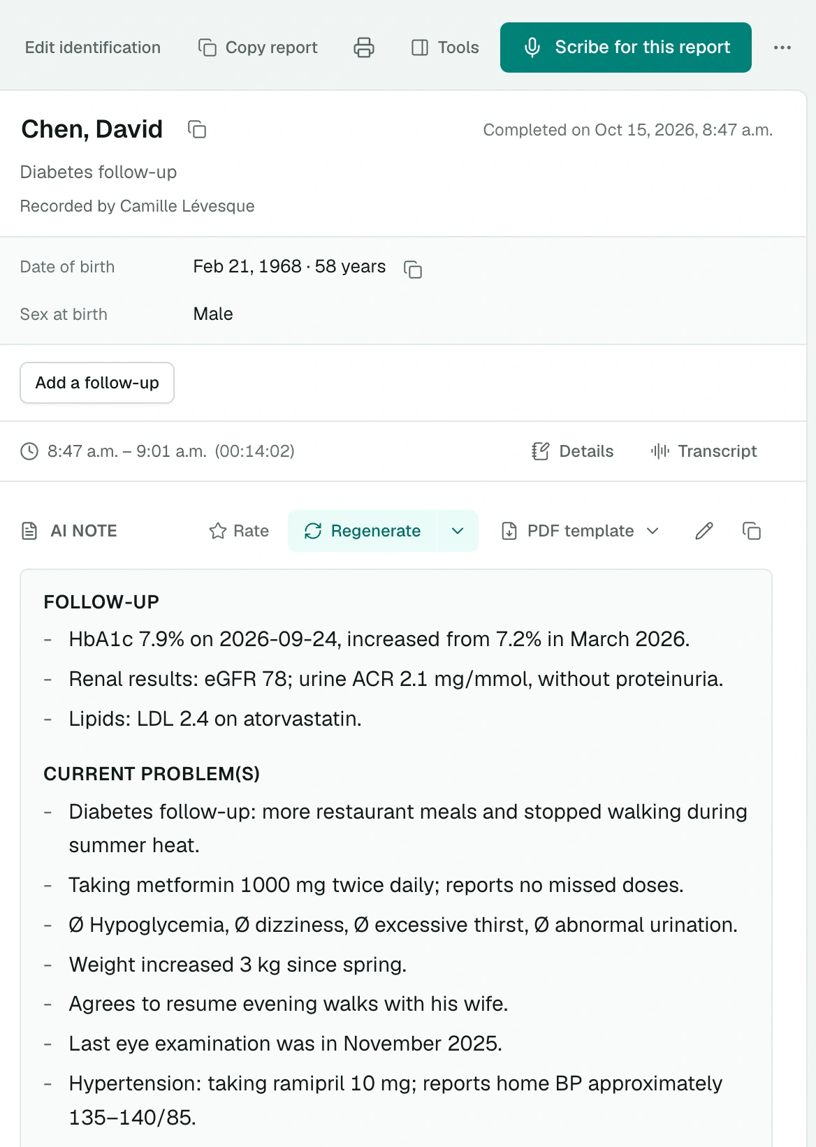 Scribe report: header, Add a follow-up button and AI note
