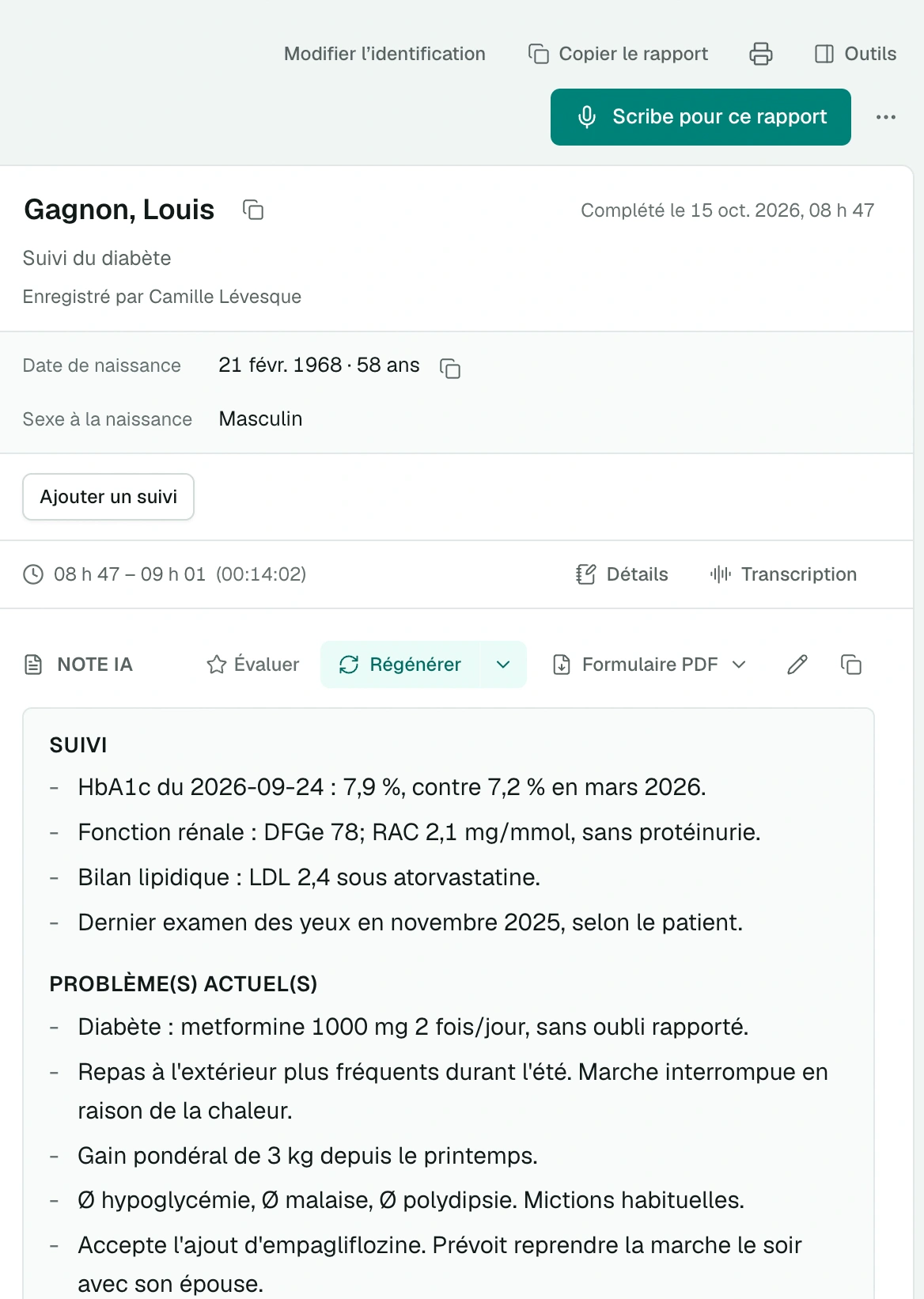 Une note de suivi du diabète, prête à relire Rapport du Scribe : en-tête, bouton Ajouter un suivi et note IA