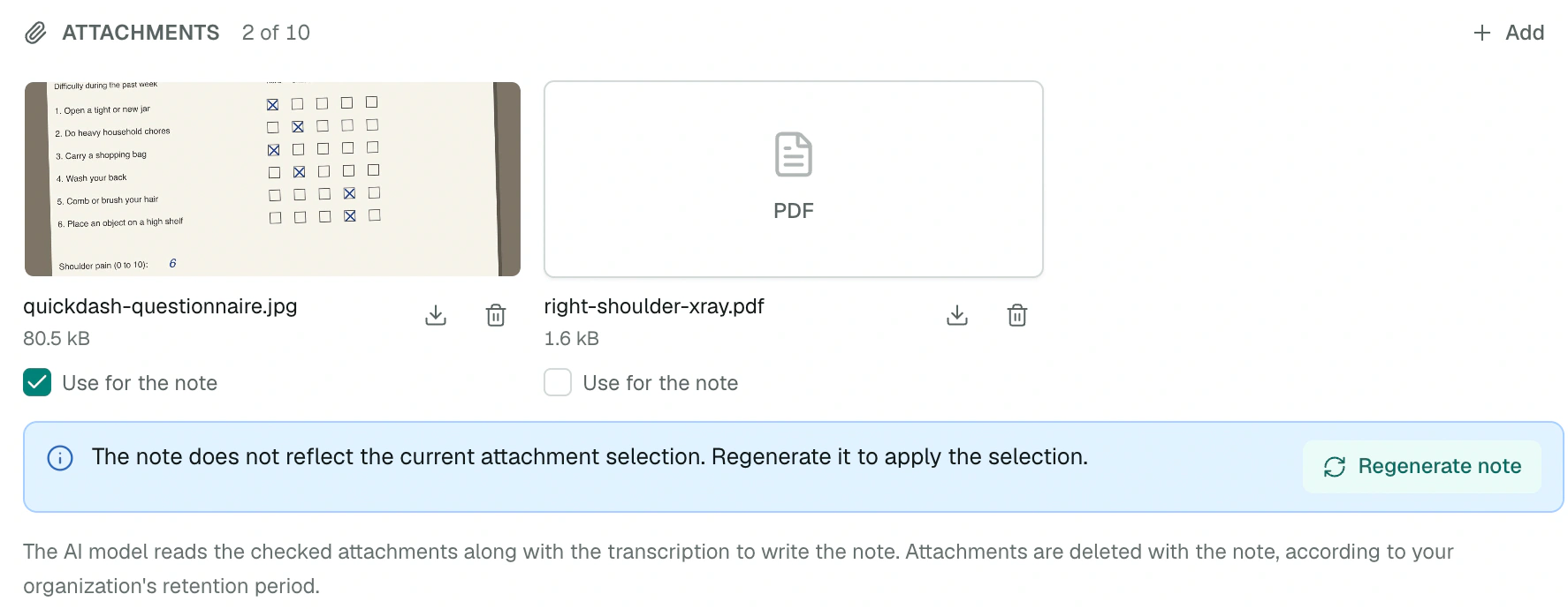 Banner offering to regenerate the note after a selection change