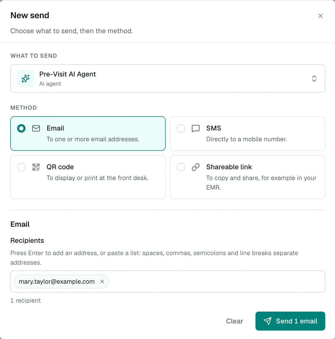 New send panel: AI agent by email to one recipient
