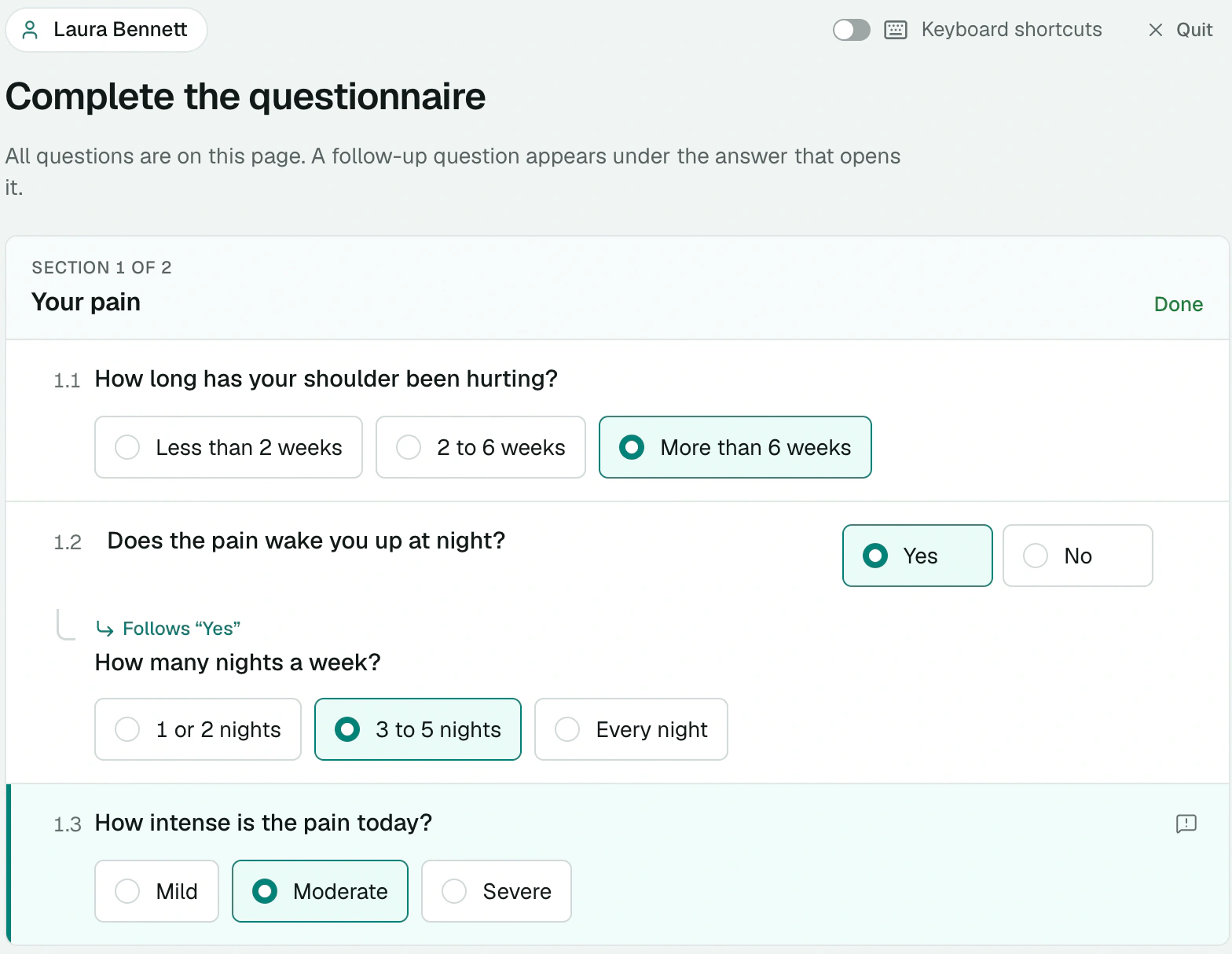 Questionnaire on a single page: a completed section and a follow-up question