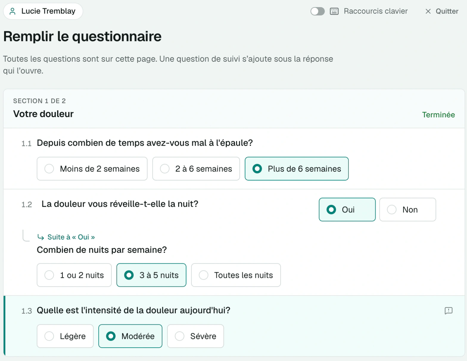 Questionnaire sur une seule page : section terminée et question de suivi