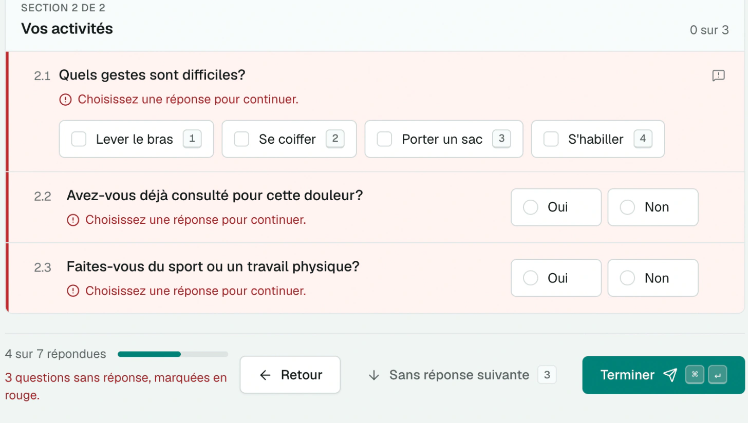 Questions sans réponse marquées en rouge