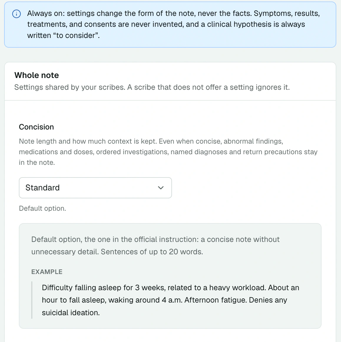 Note preferences for all scribes, Concision setting and its example