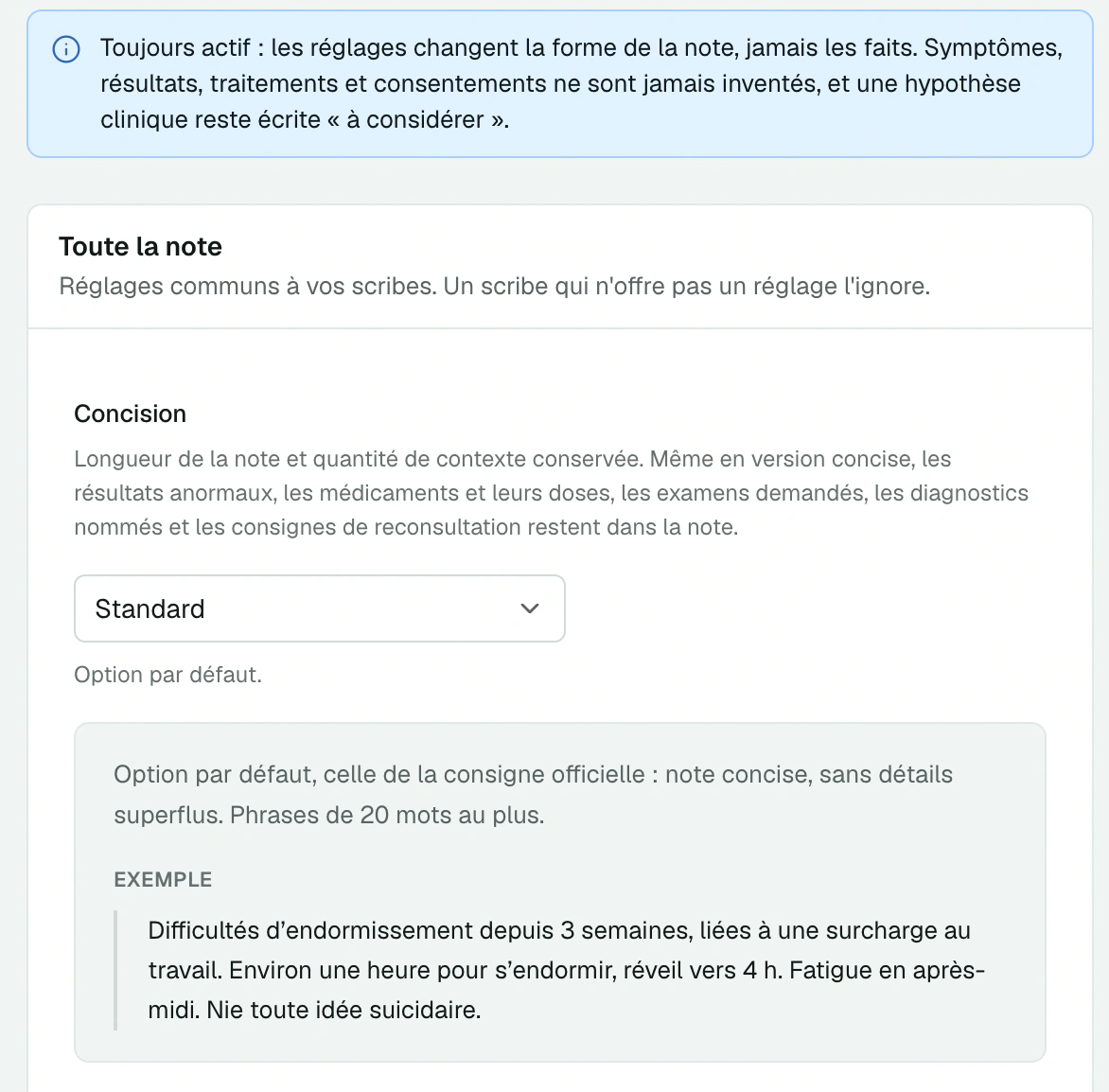 Préférences de note pour tous les scribes, réglage Concision et son exemple